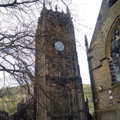 The clock tower at Halifax Minster